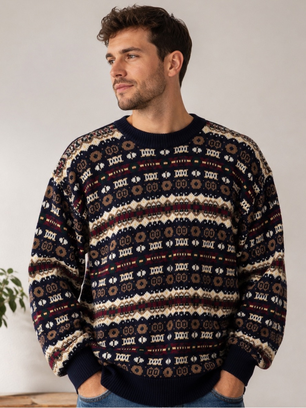 Preswick & Moore Men’s L Fair Isle Sweater Navy Cotton Vintage Style Knit